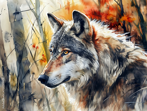 wolf in autumn watercolor portrait