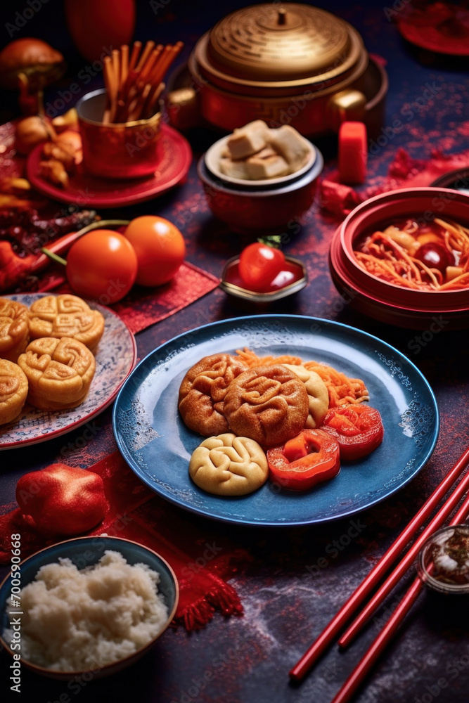 Fototapeta premium Accessories of Traditional Chinese lunar New Year dinner table, menu background with pork, fried fish, chicken, rice balls, dumplings, fortune cookie, nian gao cake, noodles, chinese decorations.