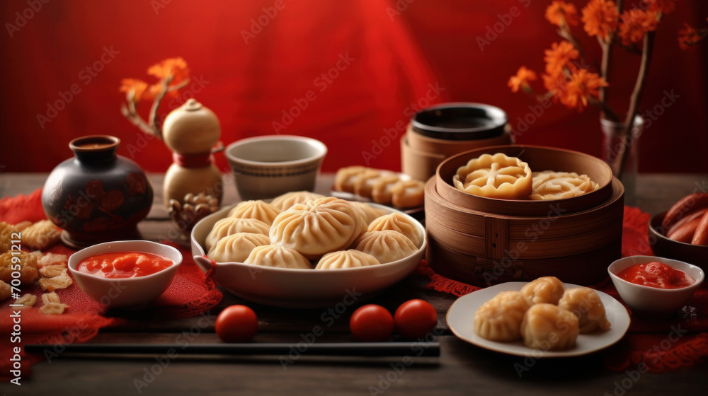 Accessories of Traditional Chinese lunar New Year dinner table, menu background with pork, fried fish, chicken, rice balls, dumplings, fortune cookie, nian gao cake, noodles, chinese decorations.