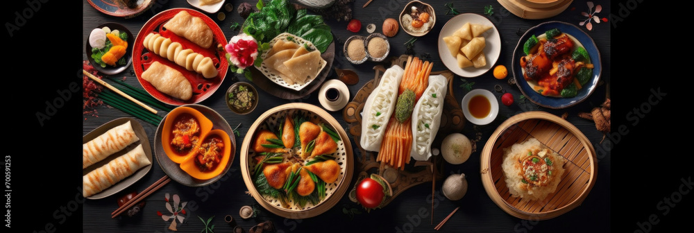 Accessories of Traditional Chinese lunar New Year dinner table, menu background with pork, fried fish, chicken, rice balls, dumplings, fortune cookie, nian gao cake, noodles, chinese decorations.