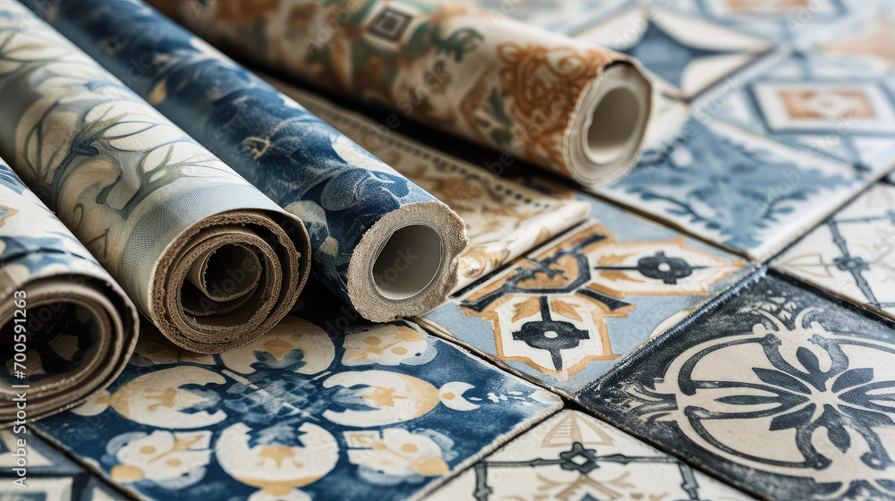 Samples of linoleum, assortment of floor-cloth, lino, oilcloth or waxcloth flooring. Wallpaper for flooring store background, building materials and finishes renovation, nobody. 