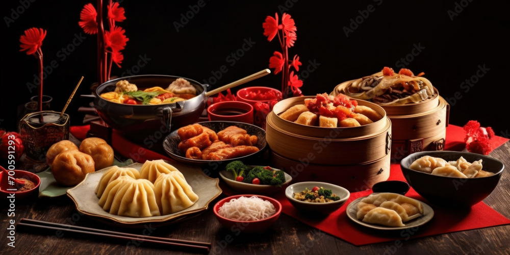 Fototapeta premium Accessories of Traditional Chinese lunar New Year dinner table, menu background with pork, fried fish, chicken, rice balls, dumplings, fortune cookie, nian gao cake, noodles, chinese decorations.