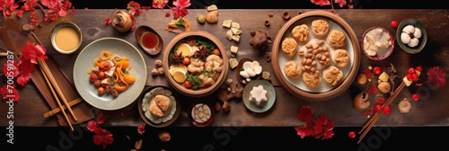 Accessories of Traditional Chinese lunar New Year dinner table, menu background with pork, fried fish, chicken, rice balls, dumplings, fortune cookie, nian gao cake, noodles, chinese decorations. © tong2530
