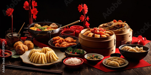 Accessories of Traditional Chinese lunar New Year dinner table, menu background with pork, fried fish, chicken, rice balls, dumplings, fortune cookie, nian gao cake, noodles, chinese decorations.