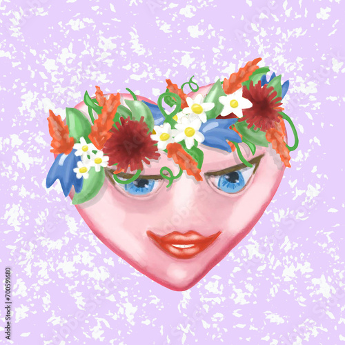 Fototapeta Naklejka Na Ścianę i Meble -  Heart with blue eyes and light smile on the face and with a flower wreath on spotted light purple background