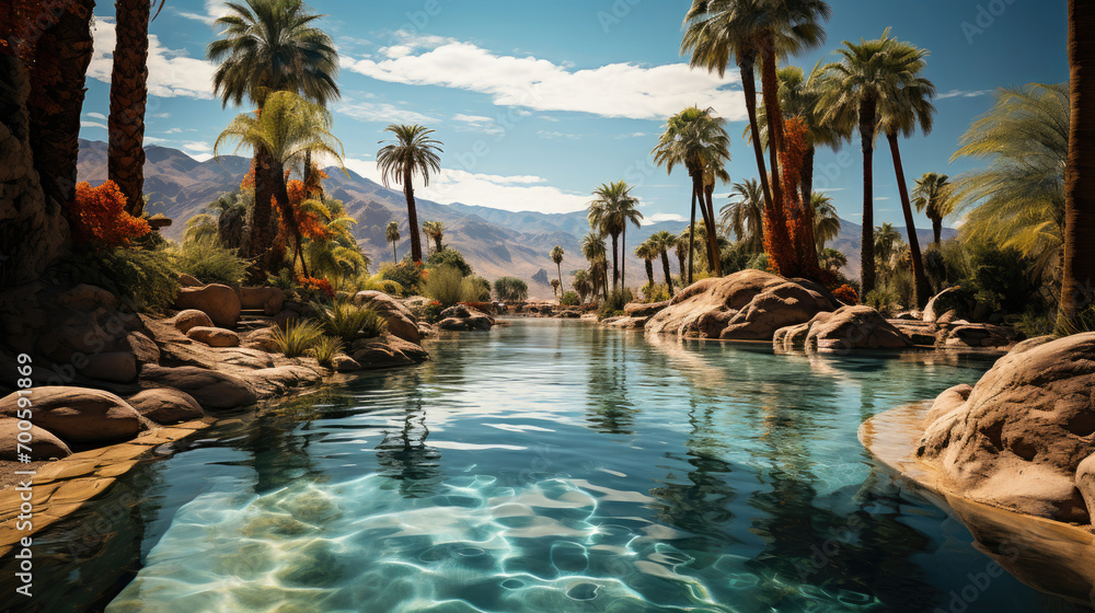 Tranquil oasis paradise with palm trees and crystal-clear water surrounded by mountains under a sunny blue sky.