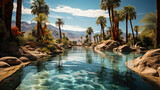 Tranquil oasis paradise with palm trees and crystal-clear water surrounded by mountains under a sunny blue sky.