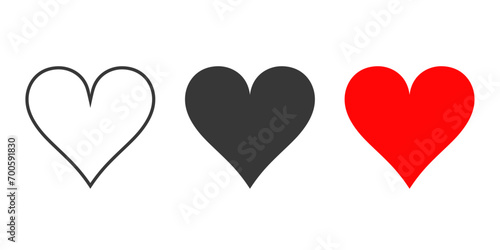 Heart icon set. Red, black, and outline heart icons. Love icon set