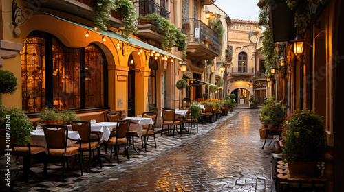 An inviting outdoor dining scene in a European-style alley with warm lighting and cobblestone street at evening. © apratim