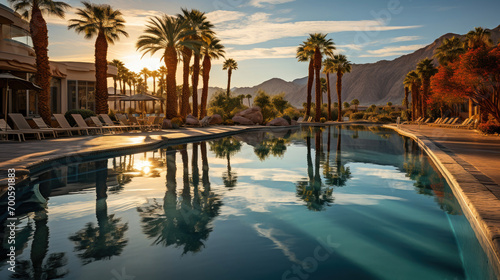 Tranquil swimming pool at a luxury resort surrounded by palm trees and mountains during a beautiful sunset.