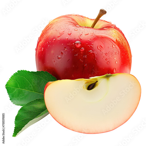 Red apple with a cutted apple slice. Transparent. Semi-transparent. Can be used on any background color for your design compositions.