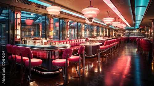 Elegant and retro American diner interior with neon lights and stylish red and pink seating, ready to welcome evening guests. photo
