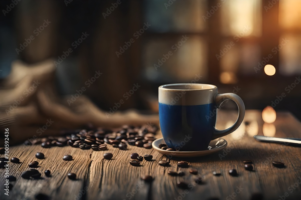 blue coffee cup on a wooden surface with strong bokeh background , warmth and cozy ,coffee branding presentation template , golden tones - obrazy, fototapety, plakaty 