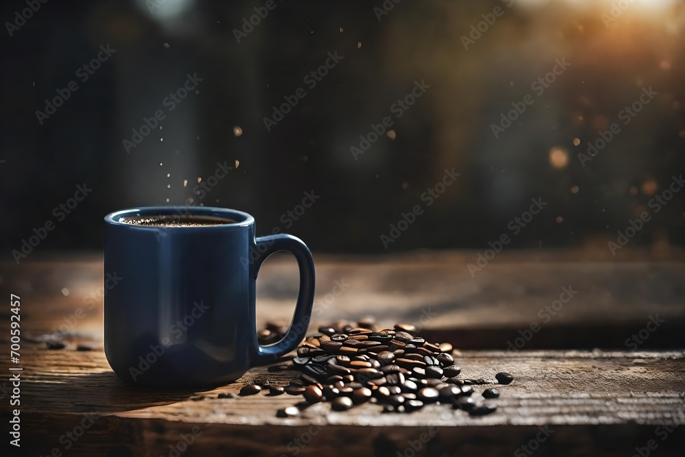 blue coffee cup on a wooden surface with strong bokeh background , warmth and cozy ,coffee branding presentation template , golden tones - obrazy, fototapety, plakaty 