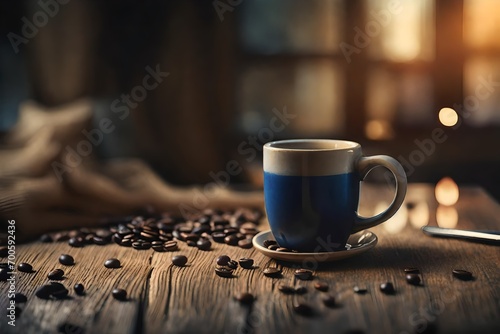 blue coffee cup on a wooden surface with strong bokeh background , warmth and cozy ,coffee branding presentation template , golden tones