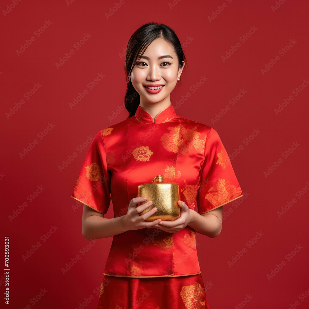 Asian woman holding angpao or red packet monetary gift and gold ingot isolated on red background. Happy Chinese new year. Asian woman holding angpao or red packet monetary gift and gold ingot isolated on red background. Happy Chinese new year.