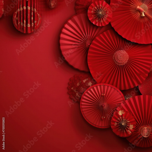 Chinese New Year celebration. Banner design with red paper fans decorations on red background..Chinese New Year celebration. Banner design with red paper fans decorations on red background..