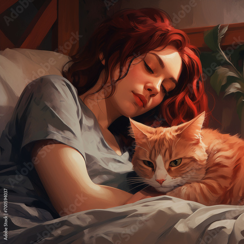 Eine hübsche junge Frau mit roten Haaren liegt mit einer rot-weißen Katze im Bett photo