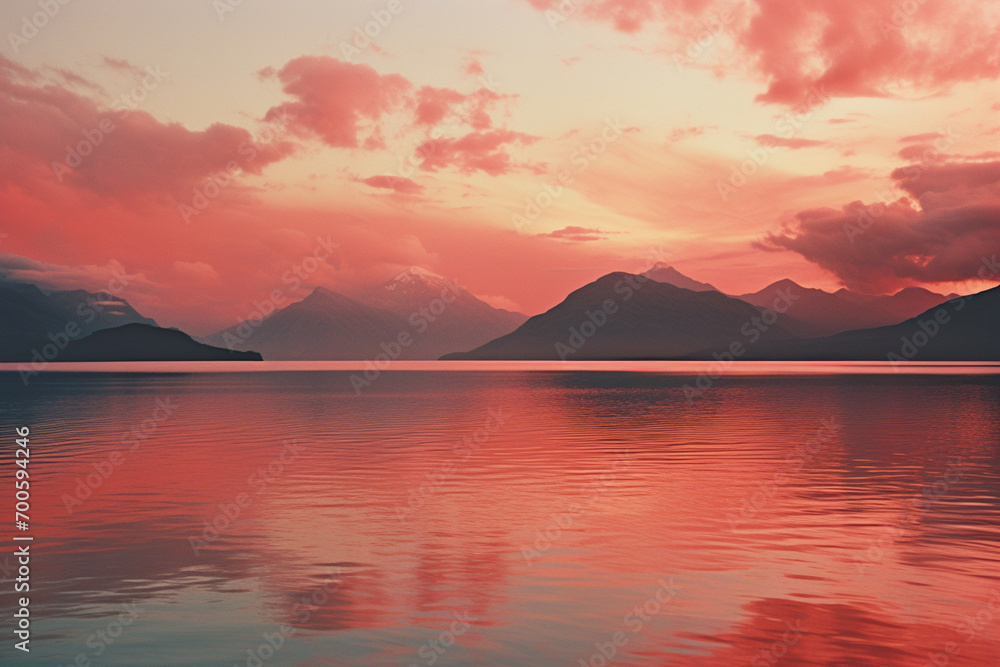 An awe-inspiring graphic depiction of a mountain range at sunset, with the sky ablaze in hues of orange and pink, casting a serene reflection on a tranquil lake below.