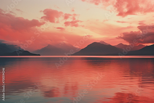 An awe-inspiring graphic depiction of a mountain range at sunset  with the sky ablaze in hues of orange and pink  casting a serene reflection on a tranquil lake below.