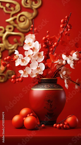 Chinese New Year decoration on a red background. Flowers of good fortune and lump of gold. Chinese new year festival.