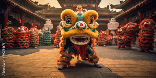 Chinese traditional lion dance costume performing at a temple in China. Chinese New Year Celebration.