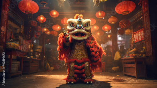 Chinese traditional lion dance costume performing at a temple in China. Chinese New Year Celebration. photo