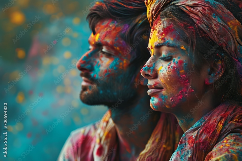 Engaged Couple Celebrating Holi Festival with Paint Engaged Couple Celebrating Holi Festival with Paint