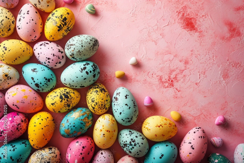 Easter eggs on pink background with space to put text Easter eggs on pink background with space to put text