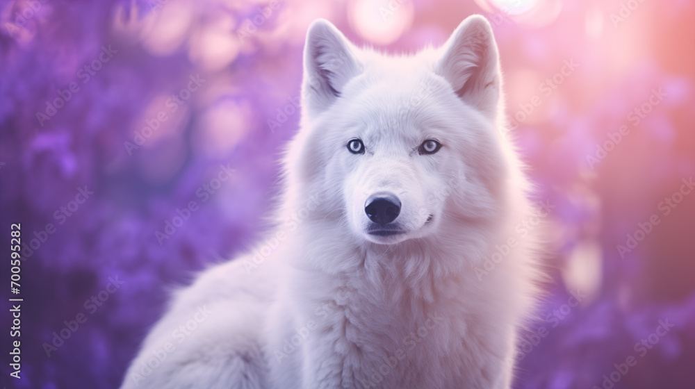Lobo branco isolado em um fundo roxo, lilás e lavanda
 com luzes desfocadas - Fundo de tela 