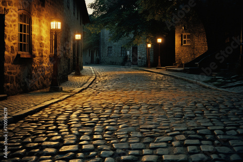A nostalgic image of a cobblestone alley illuminated by the warm glow of antique streetlights, transporting viewers to an idyllic past.