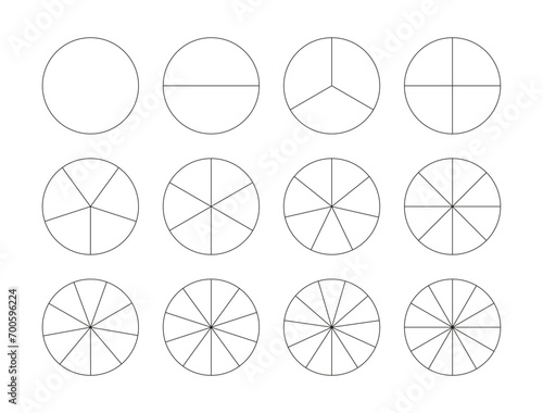 Segmented charts. Pizza, pie chart template. Segments infographic icons. Many number of sectors divide the circle on equal parts. Outline black thin graphics. Set of charts. Diagram wheel parts. Eps.