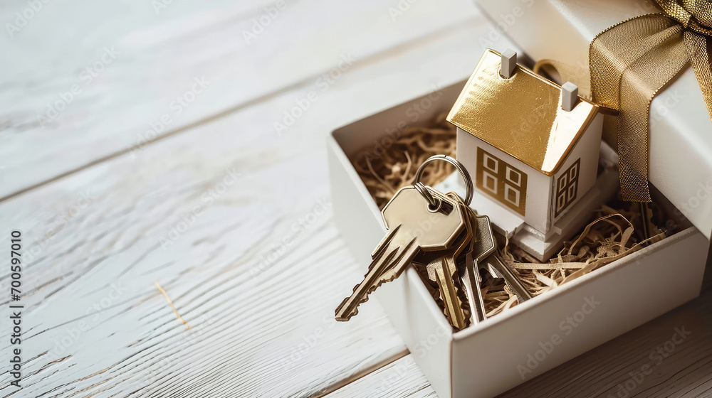 Bundle of keys and toy house in gift box on white background, copy space, banner template for favorable mortgage. Drawing of an apartment or country house. Bundle of keys and toy house in gift box on white background, copy space, banner template for favorable mortgage. Drawing of an apartment or country house.