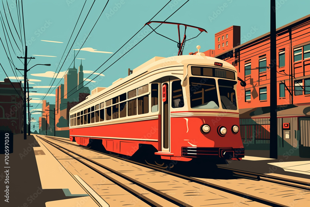 A minimalist graphic portrayal of a streetcar against a city skyline, emphasizing the sleek and streamlined design of urban transportation.