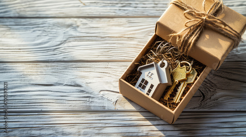 Bundle of keys and toy house in gift box on wooden table background, copy space, banner template for favorable mortgage. Drawing of an apartment or country house. photo