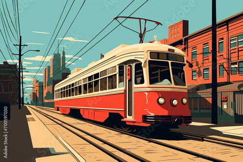 A minimalist graphic portrayal of a streetcar against a city skyline, emphasizing the sleek and streamlined design of urban transportation.