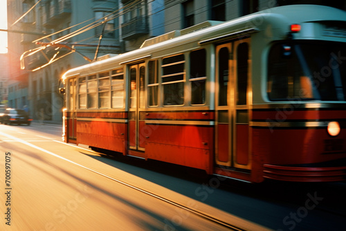 A high-contrast graphic depiction of a streetcar in motion, using bold lines and shadows to emphasize the speed and dynamism of urban travel.