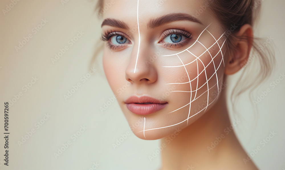 Lifting lines, advertising of face contour correction, female face skin lifting
