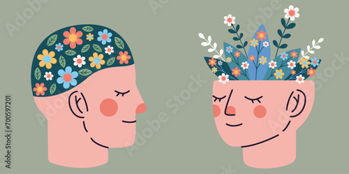 Head with flowers set. Mental health. Keep balance. Slow down and take care of your health. Meditation. Peace of mind