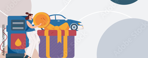 Vector Internet operation hand-drawn illustration of people getting discounts for refueling their cars
