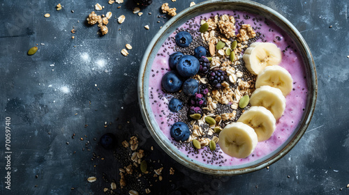 Top view Сlose-up of a healthy vegan breakfast. A plate with healthy superfood - fresh berries, fruit yogurt, chia seeds, granola and banana slices. 