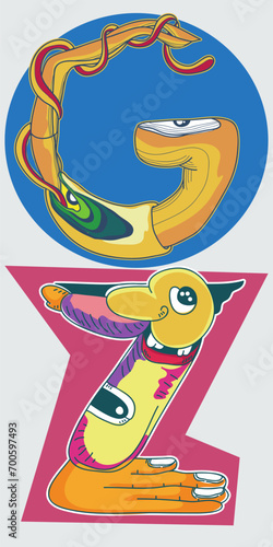 decorative G and Z alphabet letters with abstract and monster theme