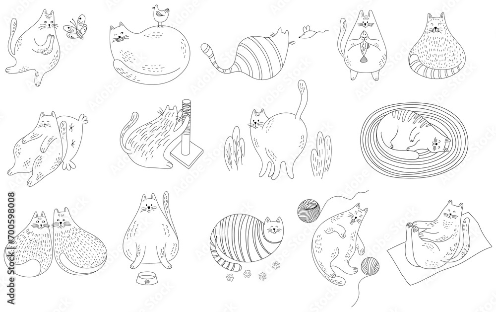 Set of cute cartoon cats different poses. Hand drawn illustration in doodle style isolate on white collection. Set of cute cartoon cats different poses. Hand drawn illustration in doodle style isolate on white collection.