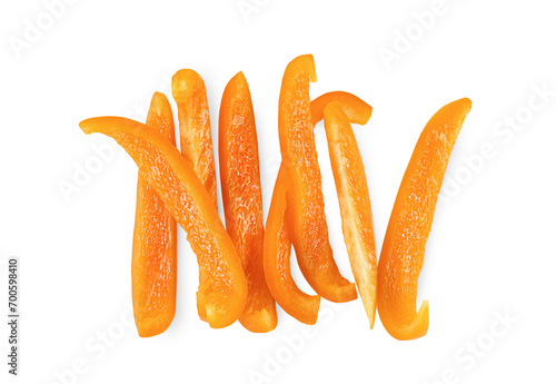 bell pepper cut into strips on a white isolated background, top view