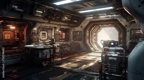 Fototapeta Naklejka Na Ścianę i Meble -  Numerous machines are installed inside the space station.