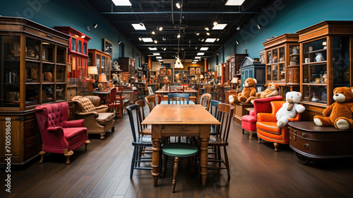 An inviting antique shop filled with vintage furniture, collectibles, and cozy teddy bears on display.