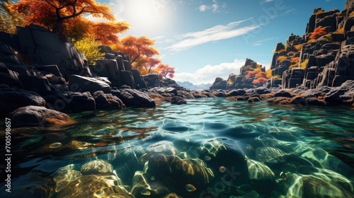 Beautiful autumn landscape with crystal clear river, vibrant fall trees, and rocky terrain under a sunny sky.