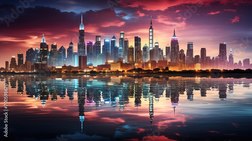 Stunning cityscape with skyscrapers silhouetted against a dramatic sunset and reflections on the water.
