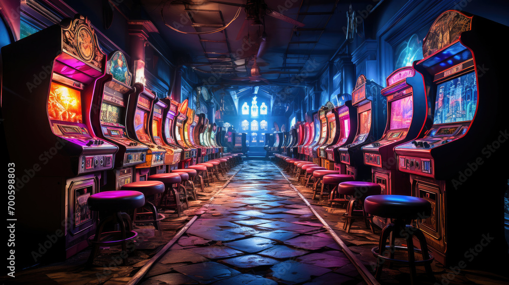 Colorful arcade room lined with neon-lit gaming machines and retro arcade cabinets, inviting fun and games. Colorful arcade room lined with neon-lit gaming machines and retro arcade cabinets, inviting fun and games.