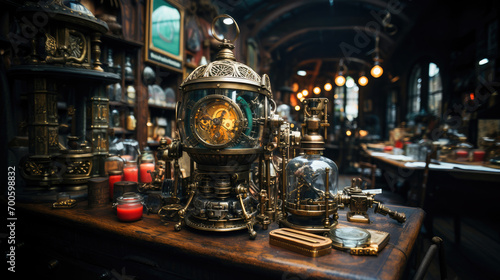 Antique steampunk clock on a wooden table amidst various vintage items in an old-style interior setting. photo